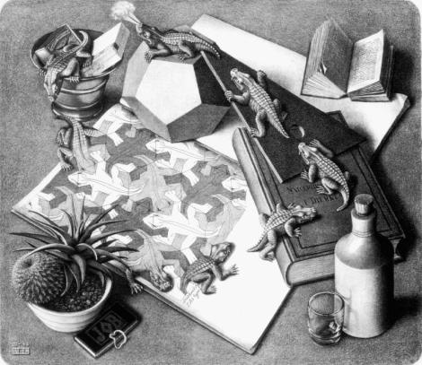 "Reptiles", de l'artiste Escher. Pas simple de s'échapper quand on a que deux dimensions...